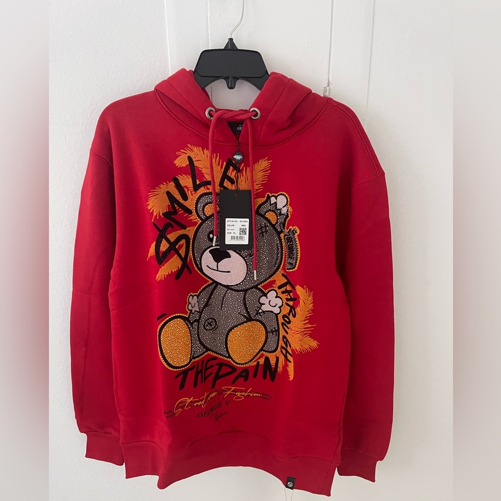 Avenue George V Paris Hoodie Men's Red Long Sleeve Bear Design rhinestone NWT